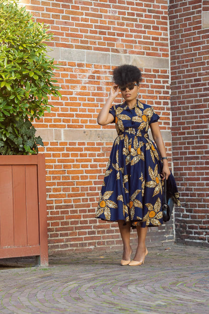 THANDIWE NAVY BLUE and brown midi dress