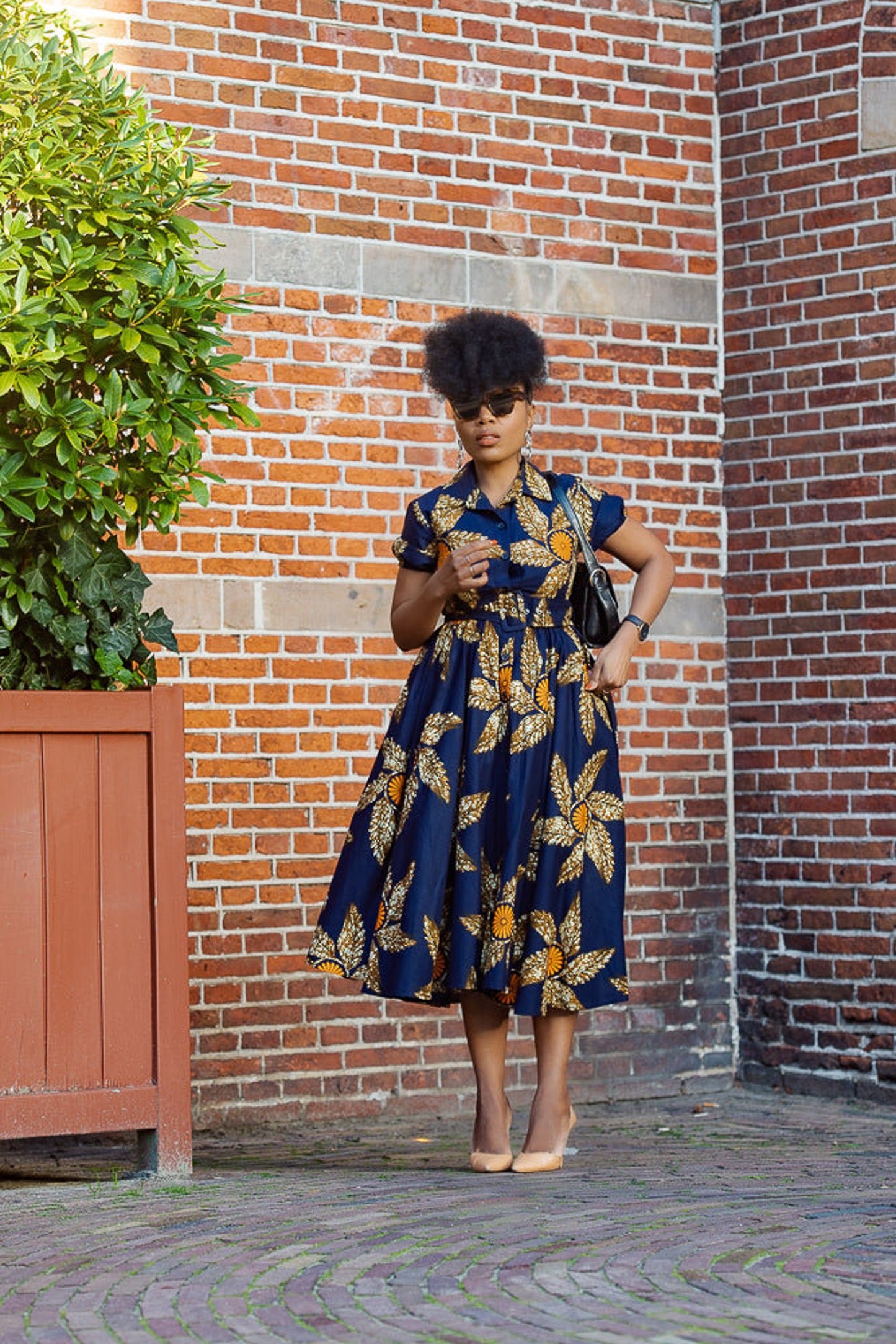 THANDIWE NAVY BLUE and brown midi dress