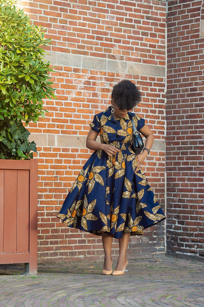 THANDIWE NAVY BLUE and brown midi dress