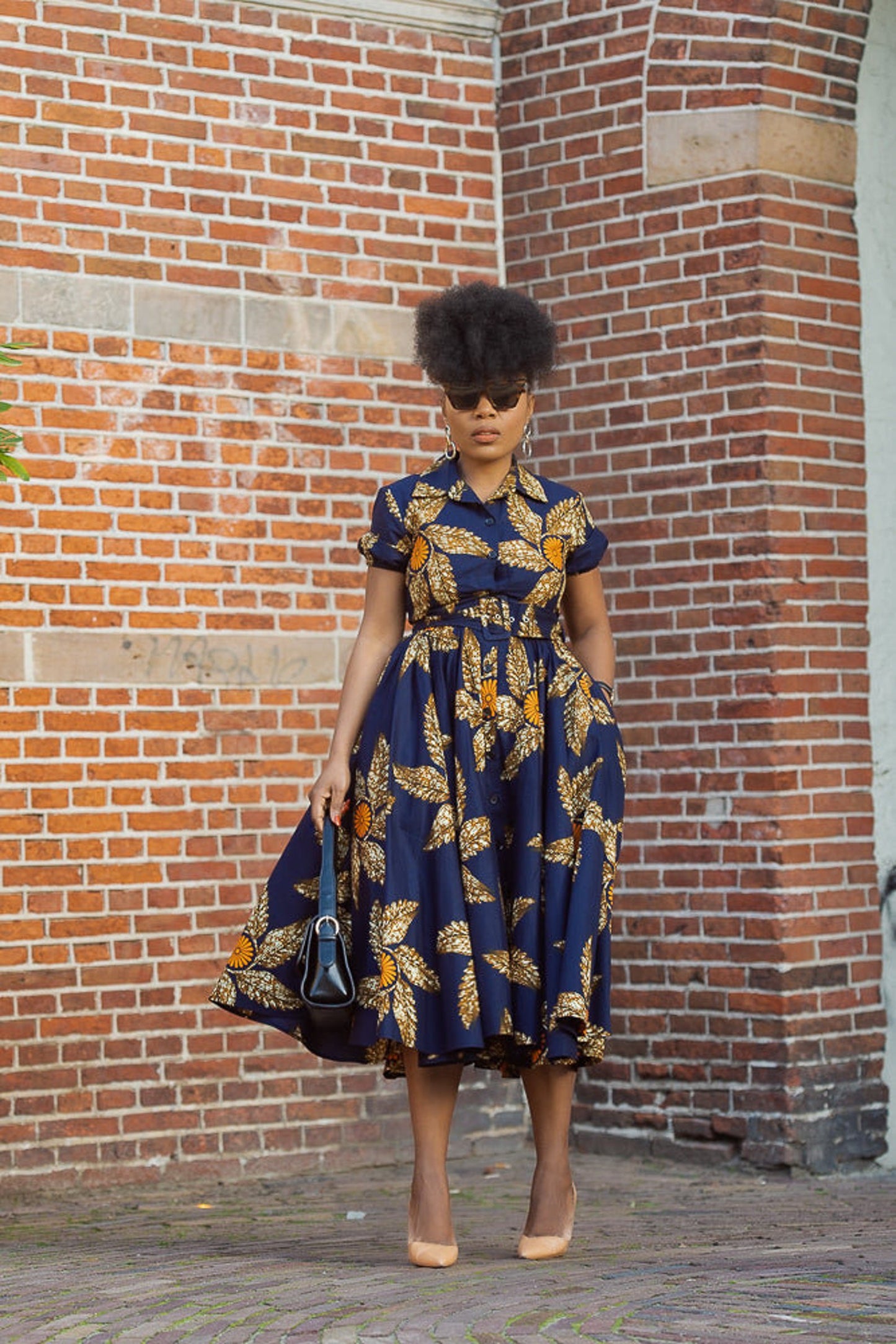THANDIWE NAVY BLUE and brown midi dress