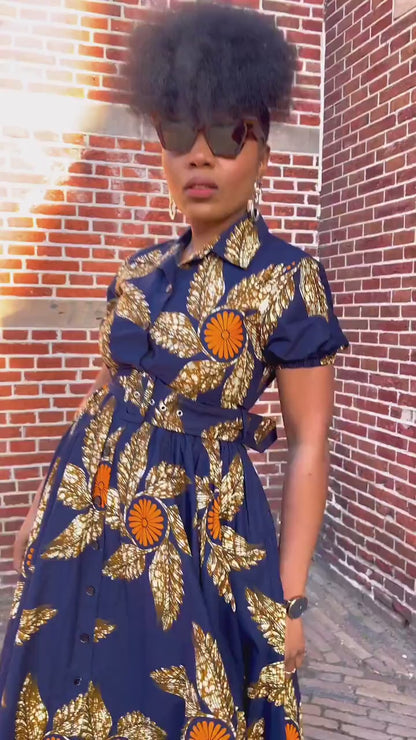 THANDIWE NAVY BLUE and brown midi dress